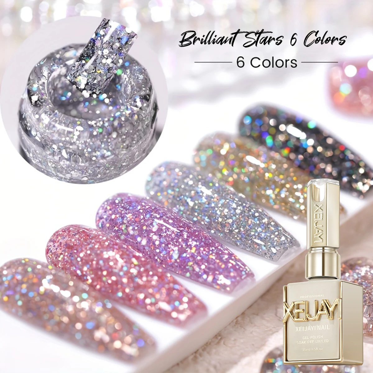 XEIJAYI 6 couleurs 15 ml étoiles brillantes Gel écrasé ensemble de vernis à ongles, UV LED trempage Gel à ongles, semi-permanent, bricolage qualité Salon