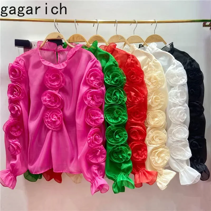 Gagarich French Retro Court Style Three-dimensional Flower Tops 2024 Early Spring Women Elegant Luxurious Bubble Sleeved Shirts