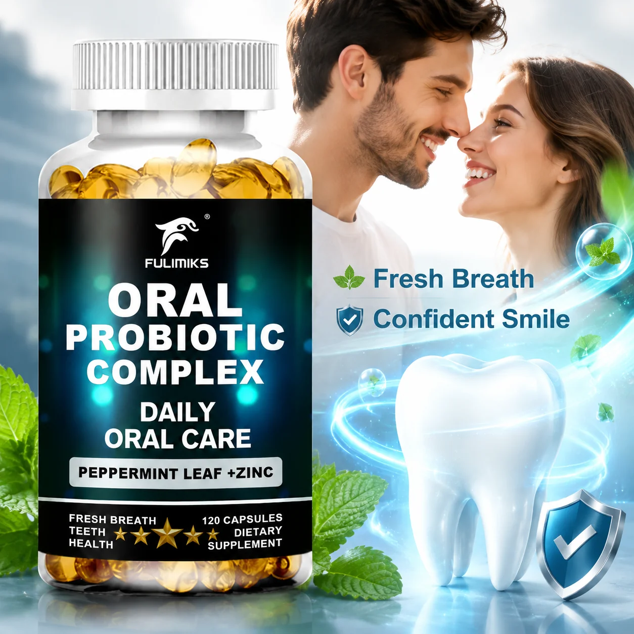 Daily Oral Wellness Probiotic Capsules, Natural Peppermint Leaf Zinc, Support Comfortable Gum & Teeth Condition for Daily Use