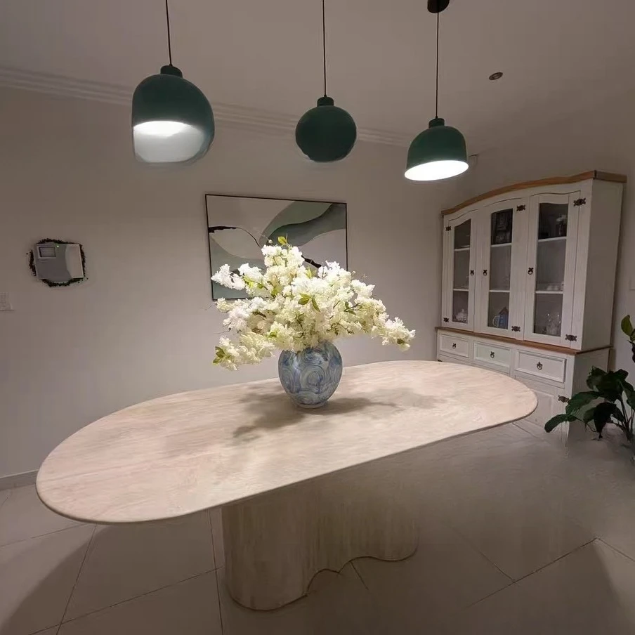 Natural marble dining table wabi sand wind tunnel stone table simple mansion villa medieval dining table, light luxury oval meal