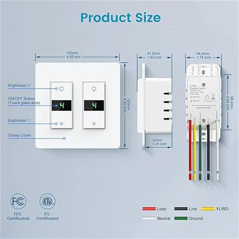 2025 New 3 Way Tuya Smart Dimmer Switch Digital Display Home Light Switch Voice Control Works with Siri, Alexa and Google Home