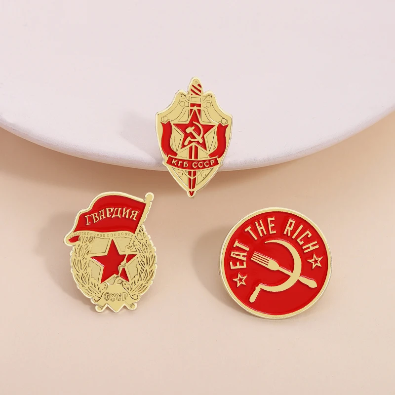 KGB Soviet Union CCCP Russian Medal Enamel Pin Shield And Sword Eat The Rich Souvenir Brooch Lapel Badge Jewelry Gifts