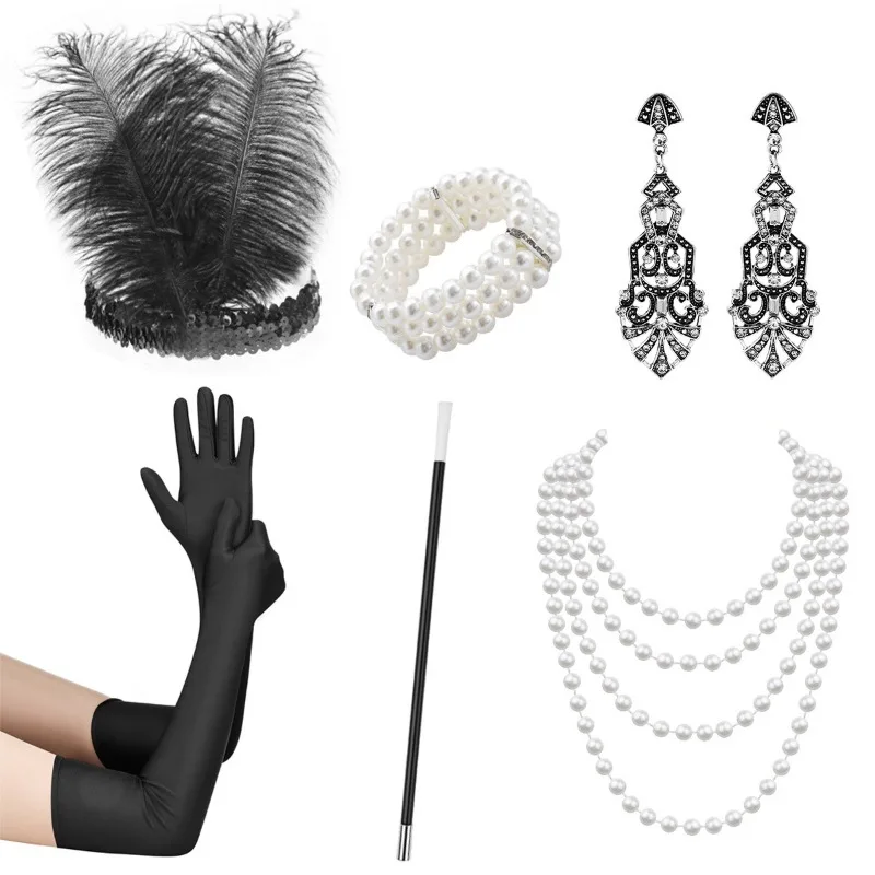 6pcs 1920 Gatsby Accessories Ball Party Christmas Halloween Set Hair Band Smoke Rod Gloves Earrings Necklace Bracelet