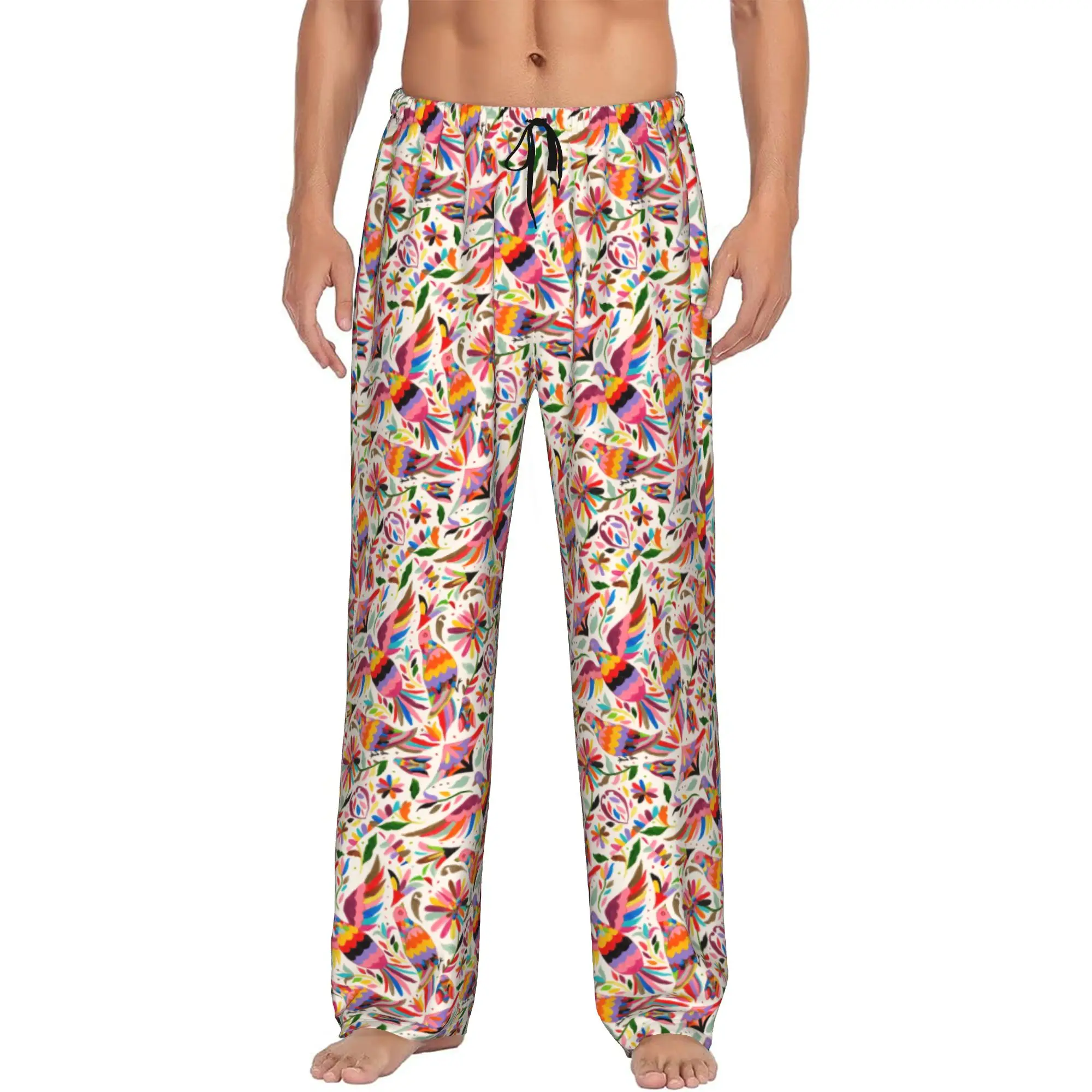 Custom Men Mexican Otomi Birds Pajama Pants Printed Flowers Floral Mexico Sleep Sleepwear Bottoms with Pockets