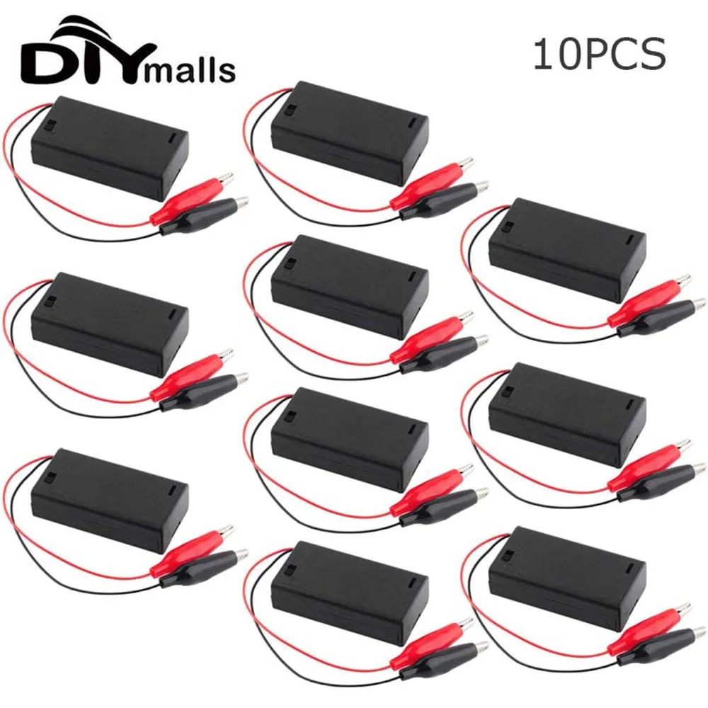 10PCS 2 AA Batteries 3V Battery Holder Case Box with Alligator Clip & ON/Off Switch & Cover