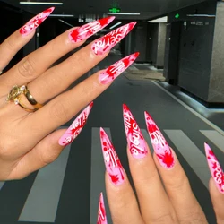 Women Girls Summer Nails Red Graffiti Long Stiletto White English Letters Full Coverage Wearable Fake Nail 24Pcs/Set