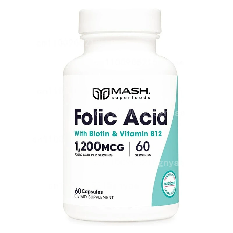 High Quality Folic Acid (vitamin B9) 1200 Mcg, 60 Capsules Non GMO, Soy Free, Gluten Free