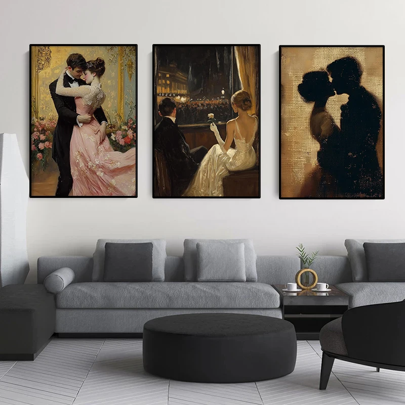 Bride and Groom Vintage Couple Poster Romantic Lovers Kissing Scene Victorian Canvas Painting Wall Art Living Room Home Decor