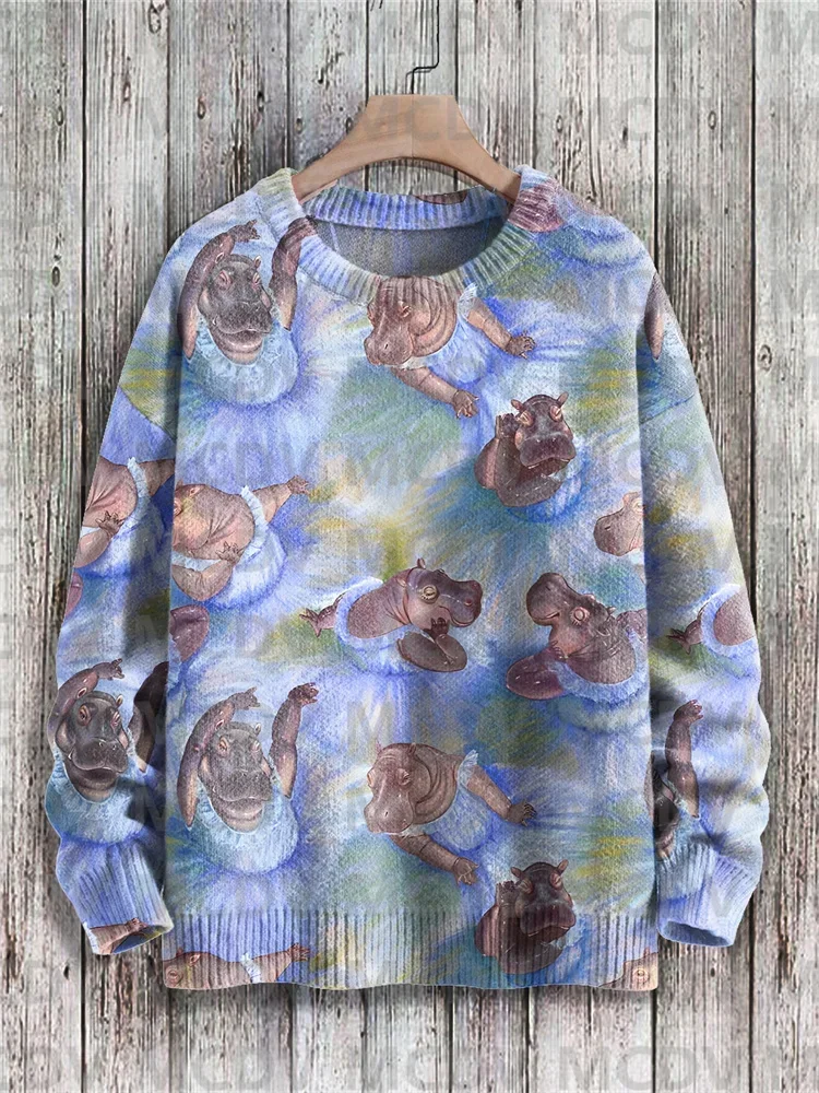 Funny Hippopotamus Watercolor Art Print Knit Pullover Sweater Men's For Women's Pullover