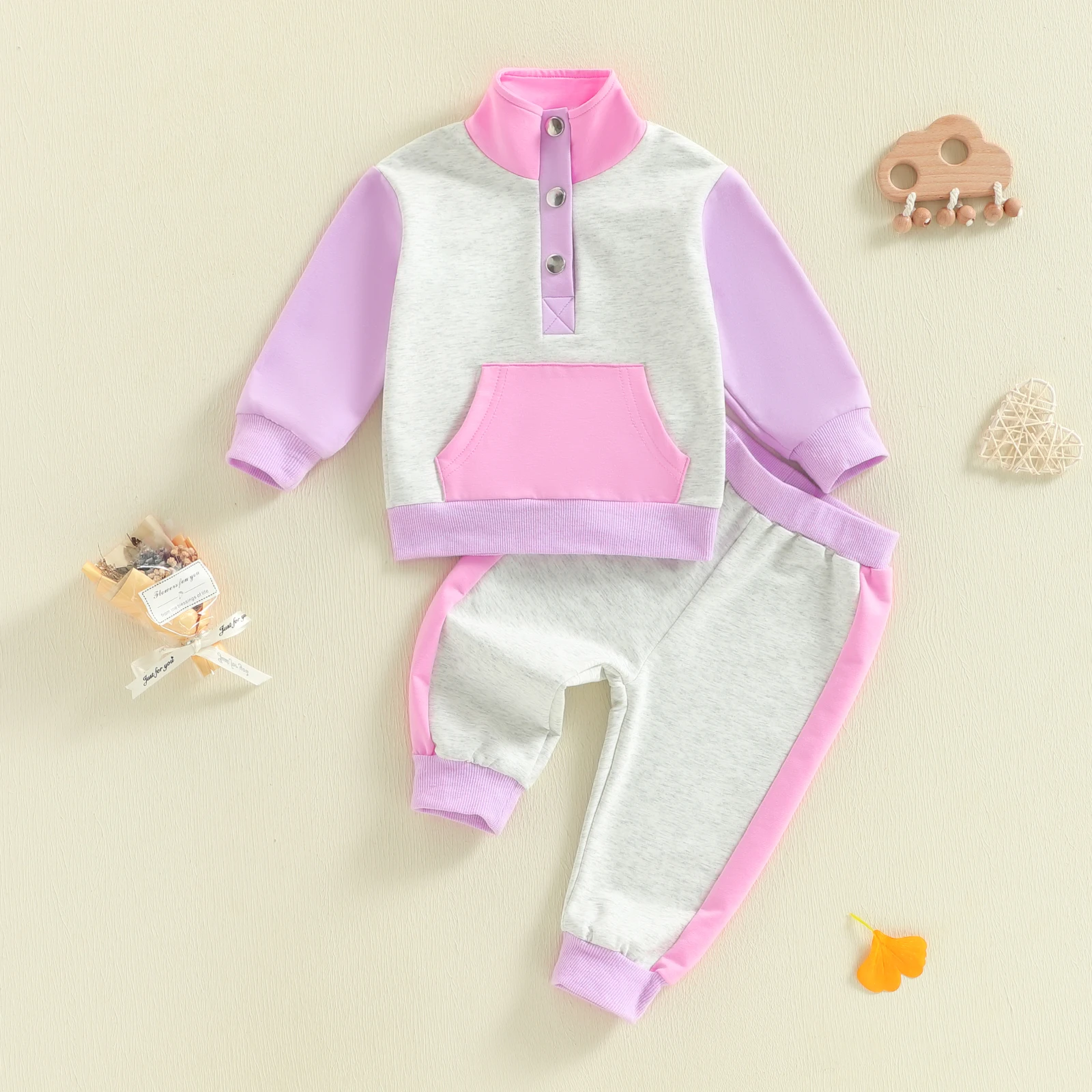 Toddler Baby Tracksuits Set Casual Contrast Color Long Sleeve Stand Collar Pullover Sweatshirt Pants 2Pcs Outfit Set