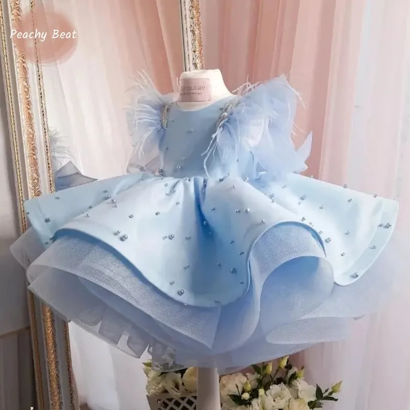 Fashion Baby Girl Princess Feather Tutu Dress Infant Toddler Child Bow Pearl Vestido Wedding Birthday Party Baby Clothes 1-14Y