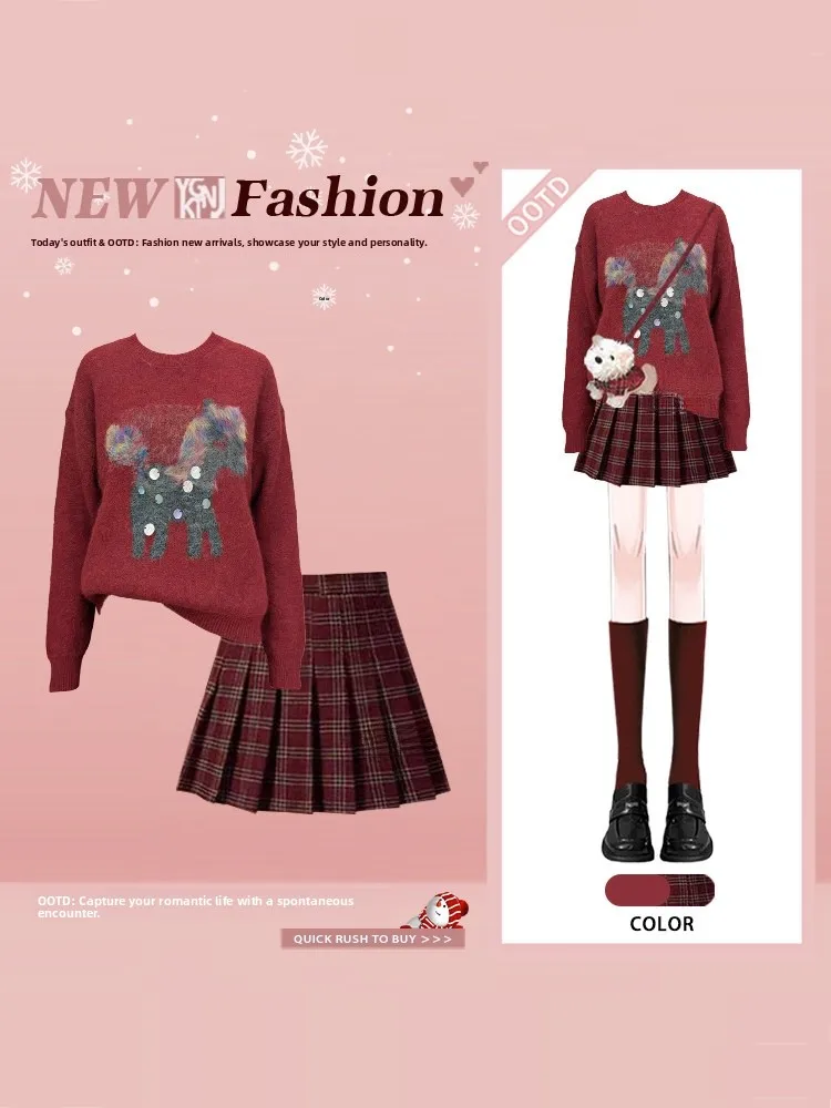 

Вязаный свитер с героями мультфильмов, клетчатая юбка, женский осенне-зимний комплект Faion, винтажный новогодний дизайн с атмосферой