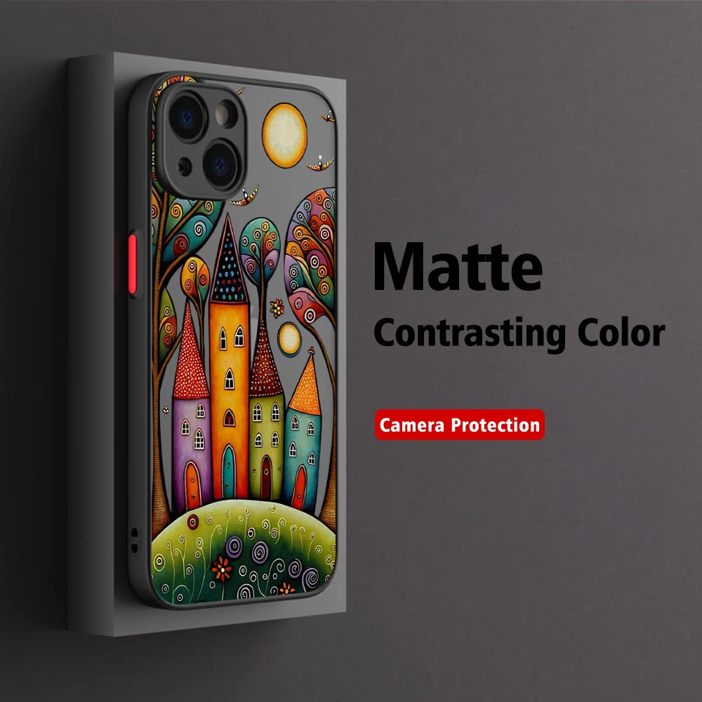 Hand Painted Forest House Illustration Phone Case For iPhone 15 14 13 12 11 Pro Max X XR XSMax 7 8  Matte Transparent Back Cover