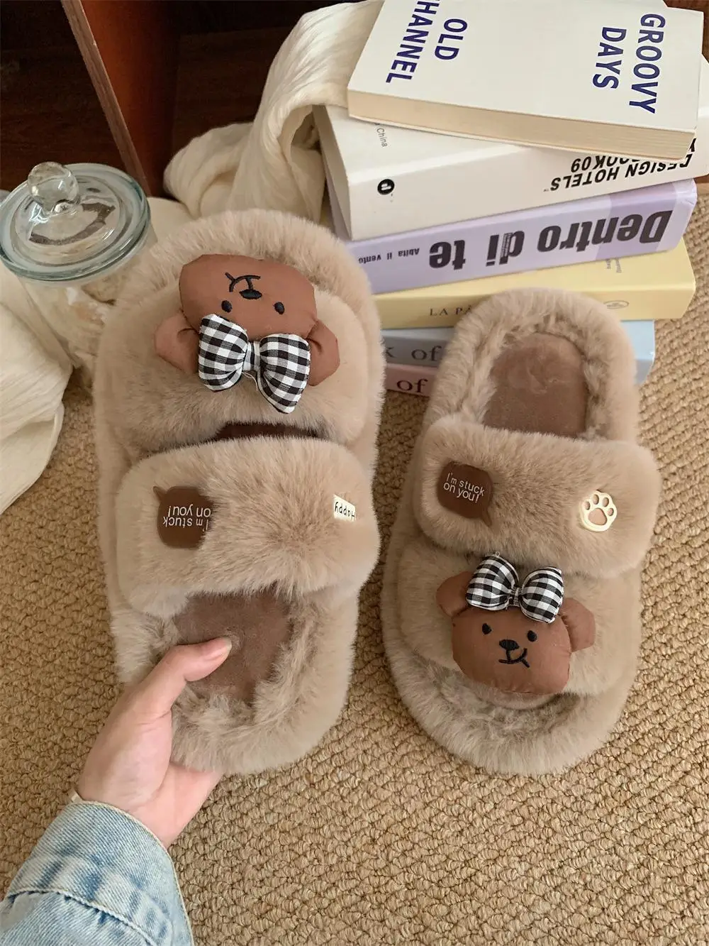 

Women Home Slippers Cute Bow With Teddy Bear Fur Slippers, Versatile For Indoor And Outdoor Autumn And Winter