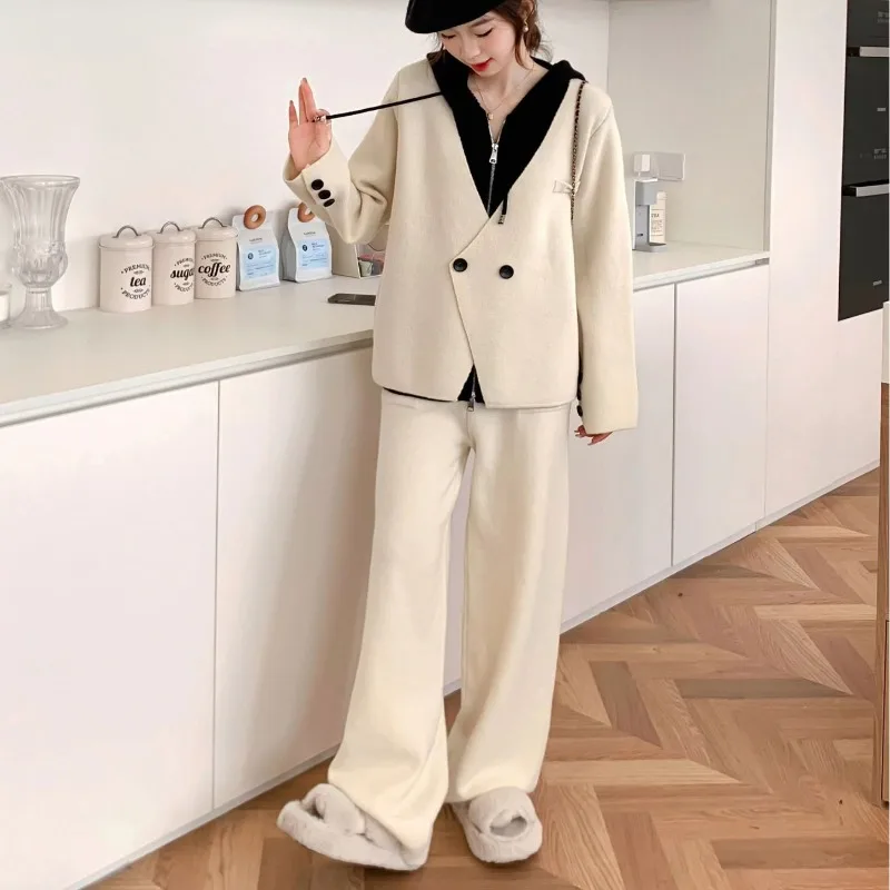 

Casual Fashion Women Hooded Knitting Sets Single Breasted Coats Solid Color Wide Leg Pants Streetwear Elegant Two Piece Sets