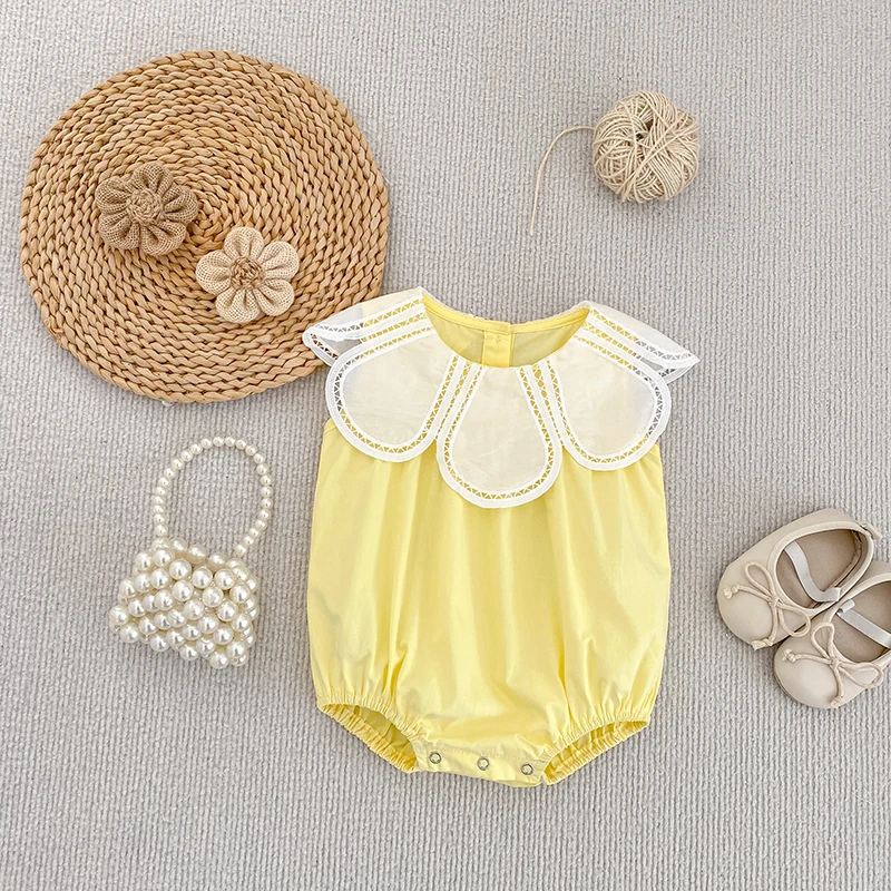 0-24M Baumwolle Sommer Baby Mädchen Kleidung Neugeborenes Baby Mädchen Strampler Ärmelloser Blütenblatt-Kragen Overall – Detail 18