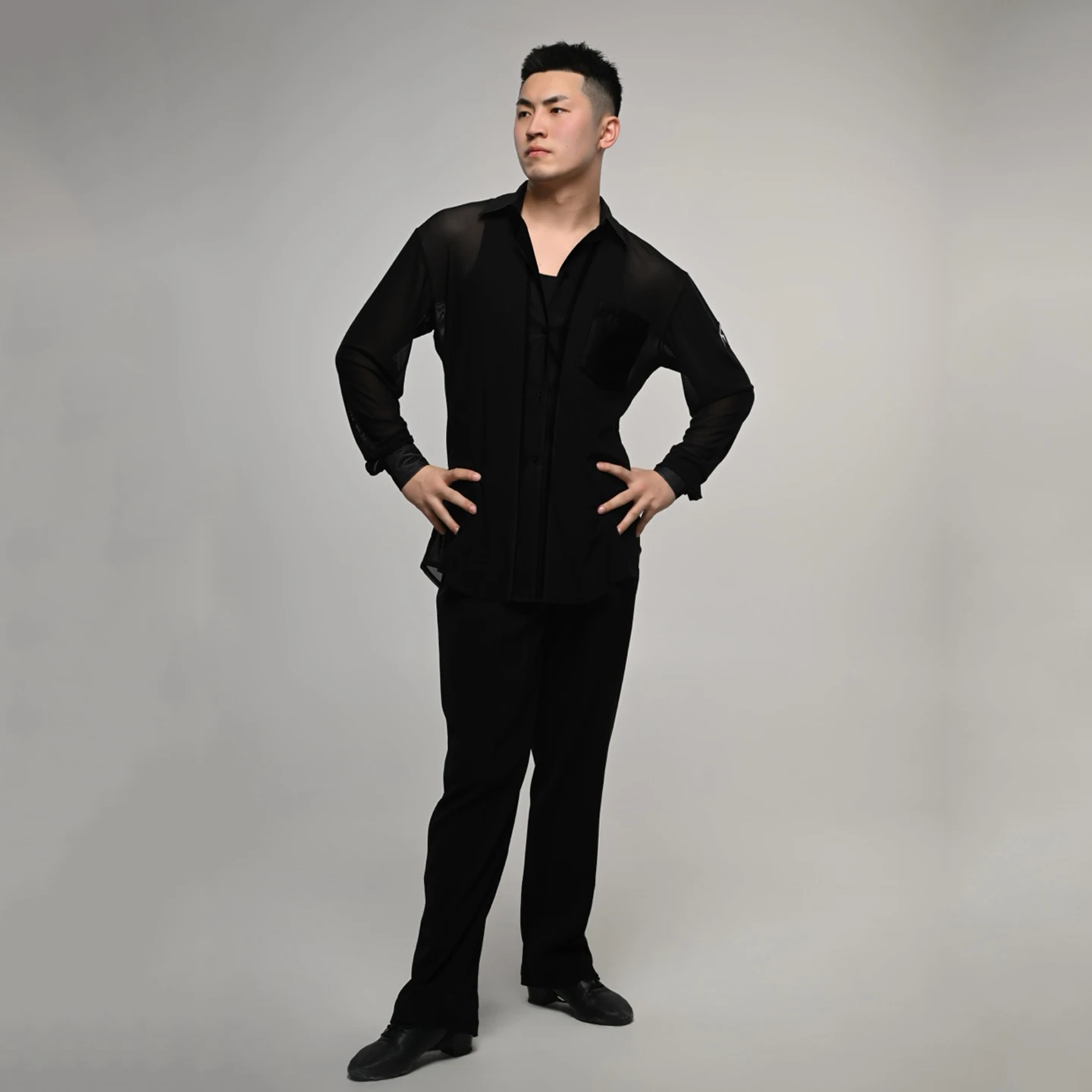 Chemise de danse latine en maille marron noir pour hommes, Rumba Samba Cha Cha, hauts d'entraînement de danse de salle de bal, vêtements de danse latine pour hommes adultes DNV23744