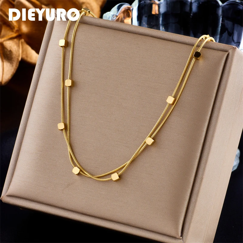 DIEYURO 316L Stal nierdzewna 2 w 1 Małe kostki Łańcuchy Naszyjnik dla kobiet Nowy złoty srebrny kolor Dziewczyny Choker Biżuteria imprezowa Prezenty