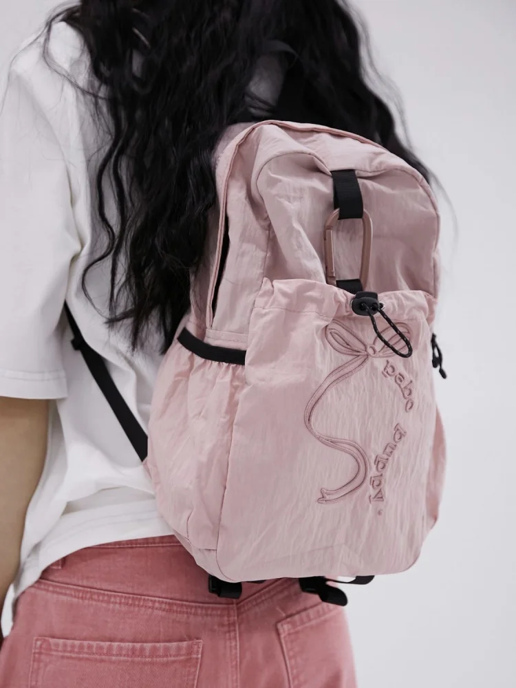 Coreano ricamo fiocco donna Nylon rosa zaini ragazze borsa da scuola borse da viaggio leggere femminili ad alta capacità stile Preppy