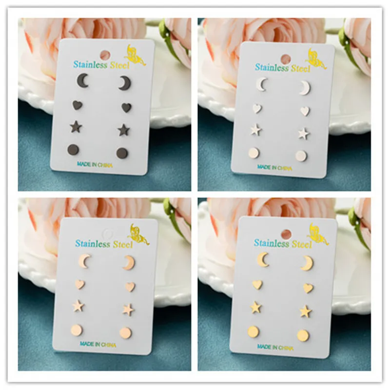 4Pairs/Lot Fashion Flower Stainless Steel Mini Stud Earrings for Women Cute Star Moon Heart Earings Jewelry Set Valentine\'s Gift