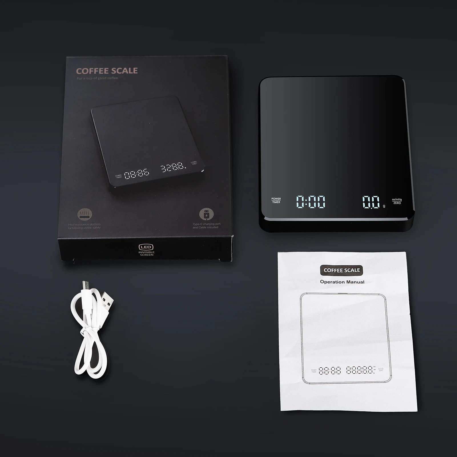 3kg/0.1g Digital Coffee Scale with Timer LED Screen Espresso Scales Rechargeable Electronic Kitchen Scale oz/ml/g Measuring Tool