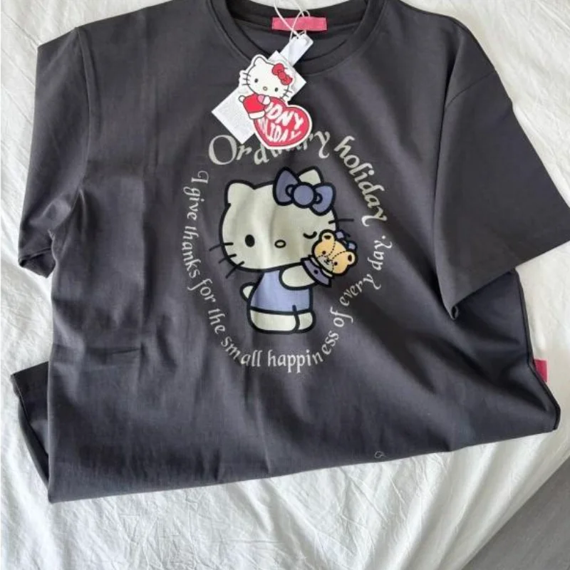 

New Sanrio Hello Kitty Short Sleeve T Shirt Cartoon Women Couples Instagram Fashion Style High End Gray Luxury Kawaii Girl Tee