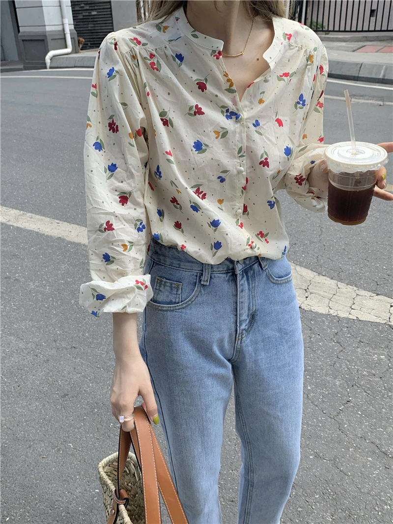 Long Sleeve O Neck Floral Chiffon Women Shirt Sun Protection Floral Boho Loose Blouses Vintage Sweet Spring Top Lady Blouses