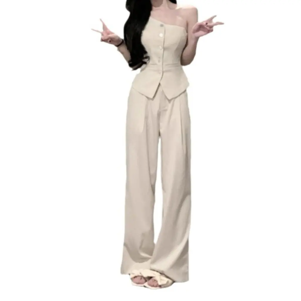 

Женский летний костюм длиной до пола, широкие брюки, комплект из двух предметов, популярный стиль, жилет с наклонными плечами, дизайн