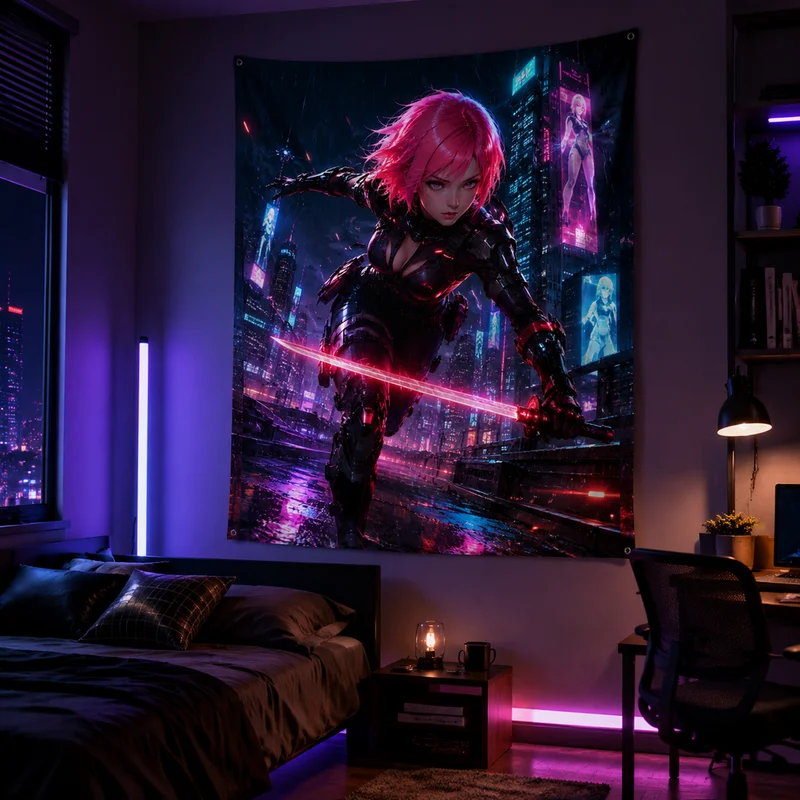 VIKAMA Cyberpunk Samurai Girl Anime Tapestry, Mecha Warrior Futuristic City Wall Hanging, Esports Room & Bedroom Home Decor