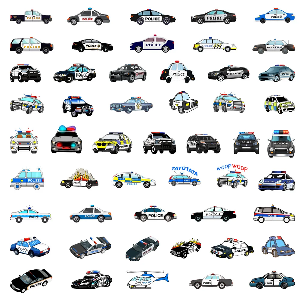 50pcs Kid Cartoon Police Car Stickers For Phone Laptop Guitar Stationery Craft Supplies Sticker Vintage Scrapbooking Material