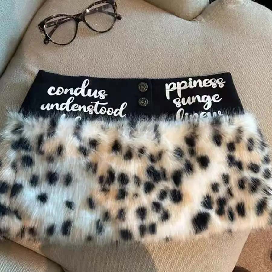Retro Leopard Fluff Stitching Low Waist Skirt New Spice Girl Y2K Letter Subculture A-Skirt Autumn Winter Models