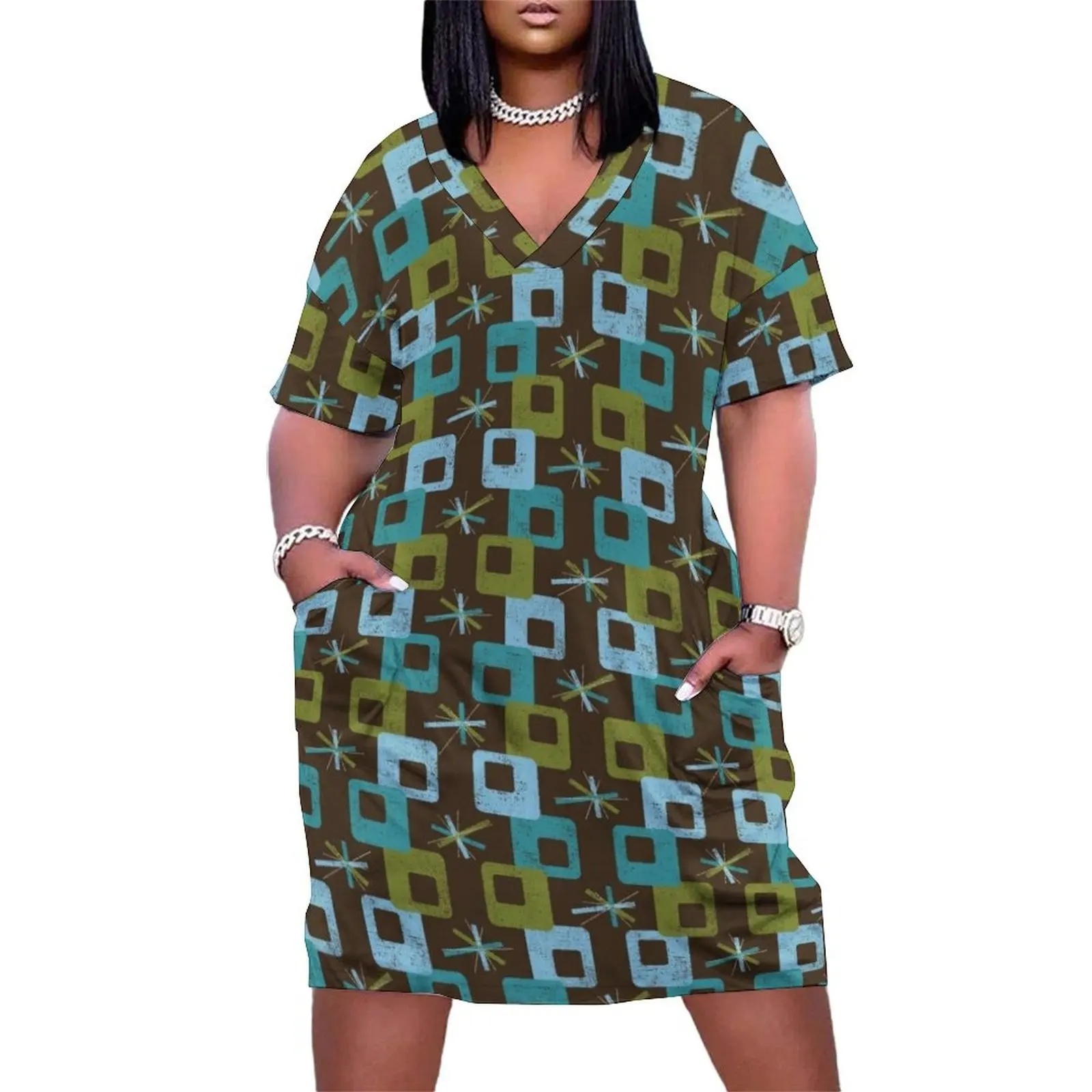 

Mid Century Modern - Teal Geometric Groove Loose Pocket Dress dresses for womens 2025 evening dress ladies