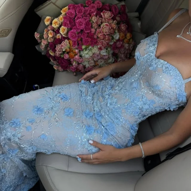 

customized Shiny blue Dresses High Low Cheap Dress Formal Party Prom crystal 3D flower fish tail Tull Gowns Wear Gown