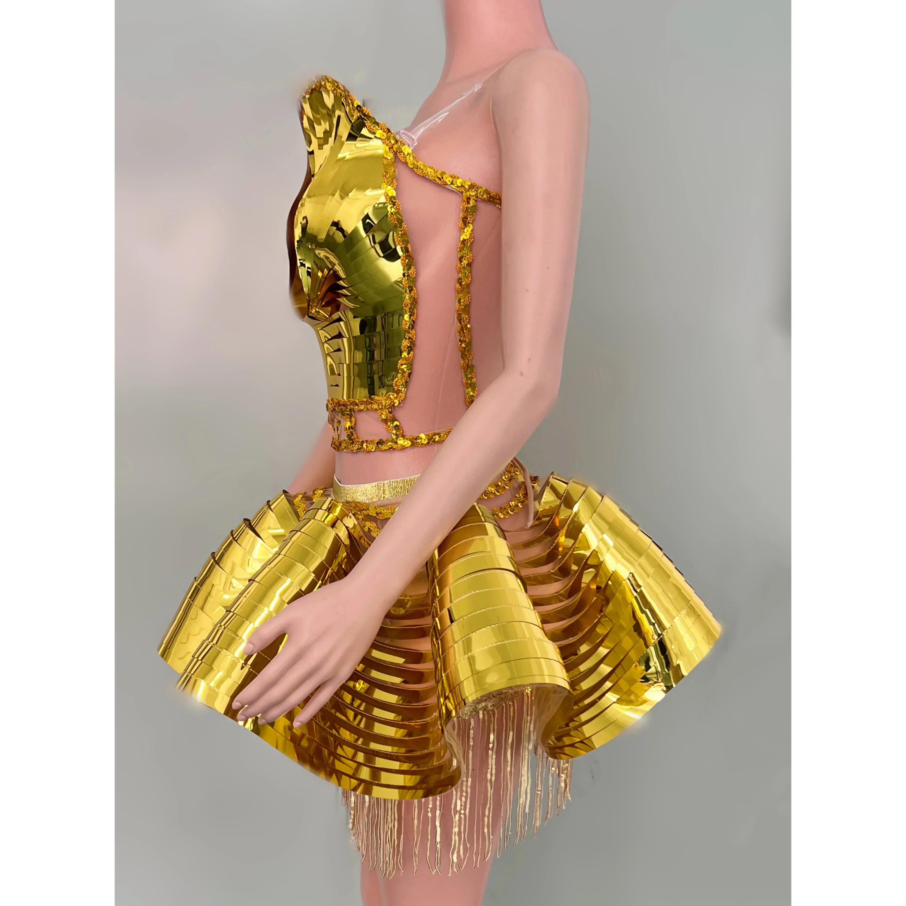 Birthday Catwalk Dance Outfit Women Gold Sequin Tassel 2 Pieces Set Bar Singer Nightclub Concert Stage Performance Costume Party