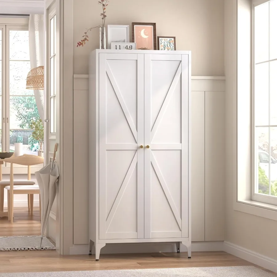 65'' Tall Metal Storage Cabinet Kitchen Pantry Storage Cabinets with Doors and 3 Adjustable Shelves White Food Pantry Cabinets