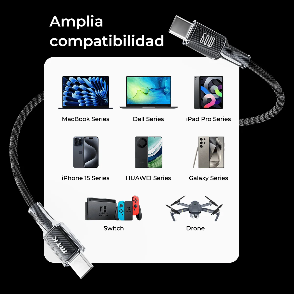 كابل تيبو سي 60 وات 3.3 قدم (1 متر) - قطعتان من سلك تيبو سي Soporte de sincronización de data y carga متوافق مع بنك الطاقة | الهواتف الذكية #3