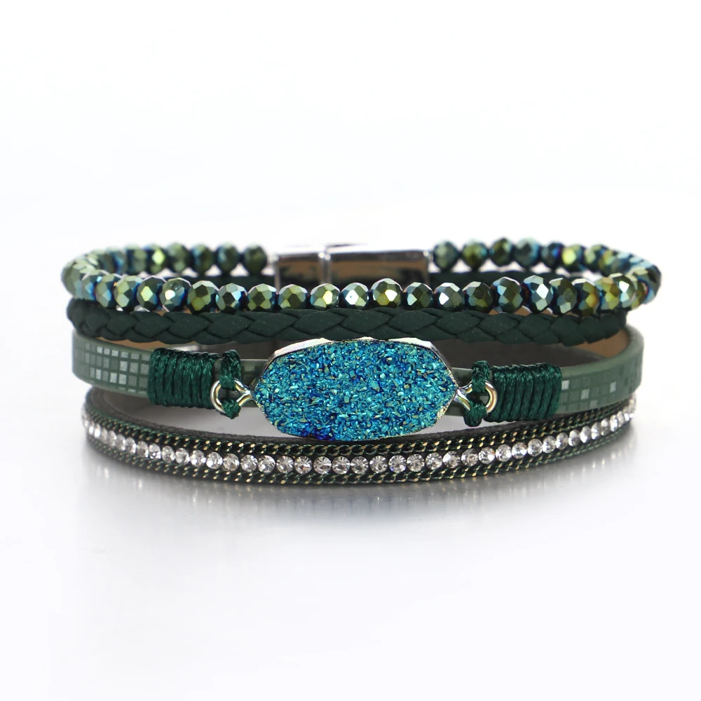 ALLYES Vintage Resin Stone Braided Leather Bracelet for Women Boho Multilayer Crystal Wrap Wide Bangle Bracelets Party Jewelry