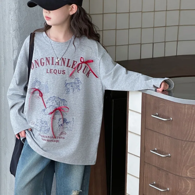 

Teenager Girls Autumn T-shirt Bowknot Cartoon Letter Printed Children Girls Top Round Neck Long Sleeves Kids Girls Casual Tees
