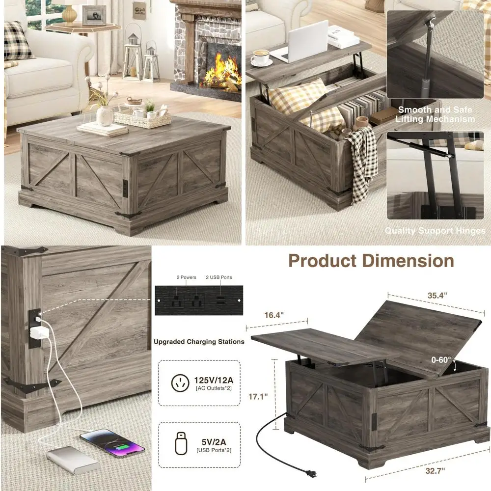 

Farmhouse Style Wood Lift Top Coffee Table with Storage and Charging Station, Rustic Square Center Table for Living Room