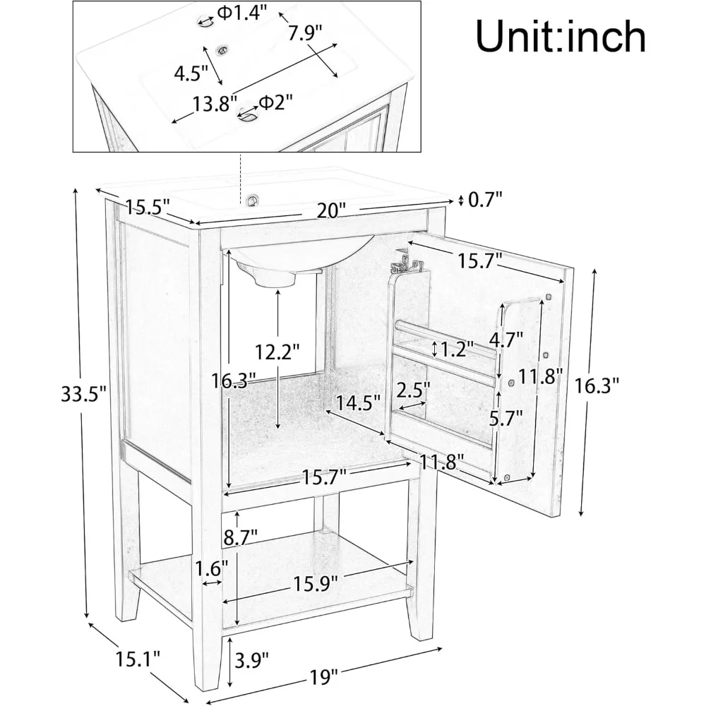 Szafka łazienkowa, 20-calowa, toaletka z ceramicznym blatem zlewozmywakowym, podwójnymi półkami i otwartymi półkami, toaletka łazienkowa