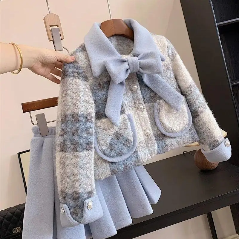 Girls Autumn Outfit French Style Plaid Coat Pleated Skirt Two Piece Set Big Girl Kids Fall Clothes Fashion Toddler Outfits ﻿