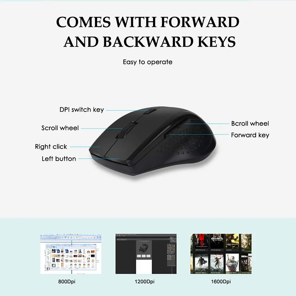 Mouse nirkabel Mini 2.4G USB, Mouse optik DPI dapat disesuaikan untuk Windows Mac Linux