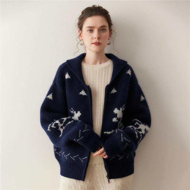 

Женский свитер из 100% кашемира с отложным воротником и двойной молнией, кардиган в стиле Fair Isle, осень-зима, винтажный жаккардовый утепленный трикотаж