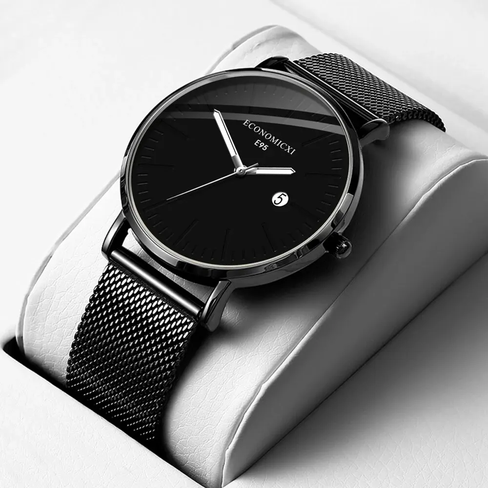 1Pcs Men\'s Fashion Trend Ultra-Thin Simple Scale Silver Needle Black Mesh Quartz Watch Men\'s Business Watch