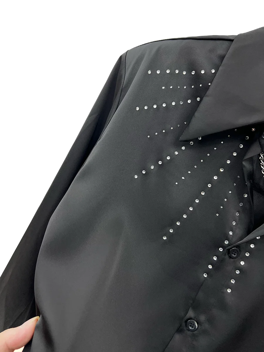 Fashion Trendy Loose Hot Diamond Shirts Men's 2025 Spring Summer New Thin Shoulder Padded Shirts Male Handsome Long Sleeve Tops