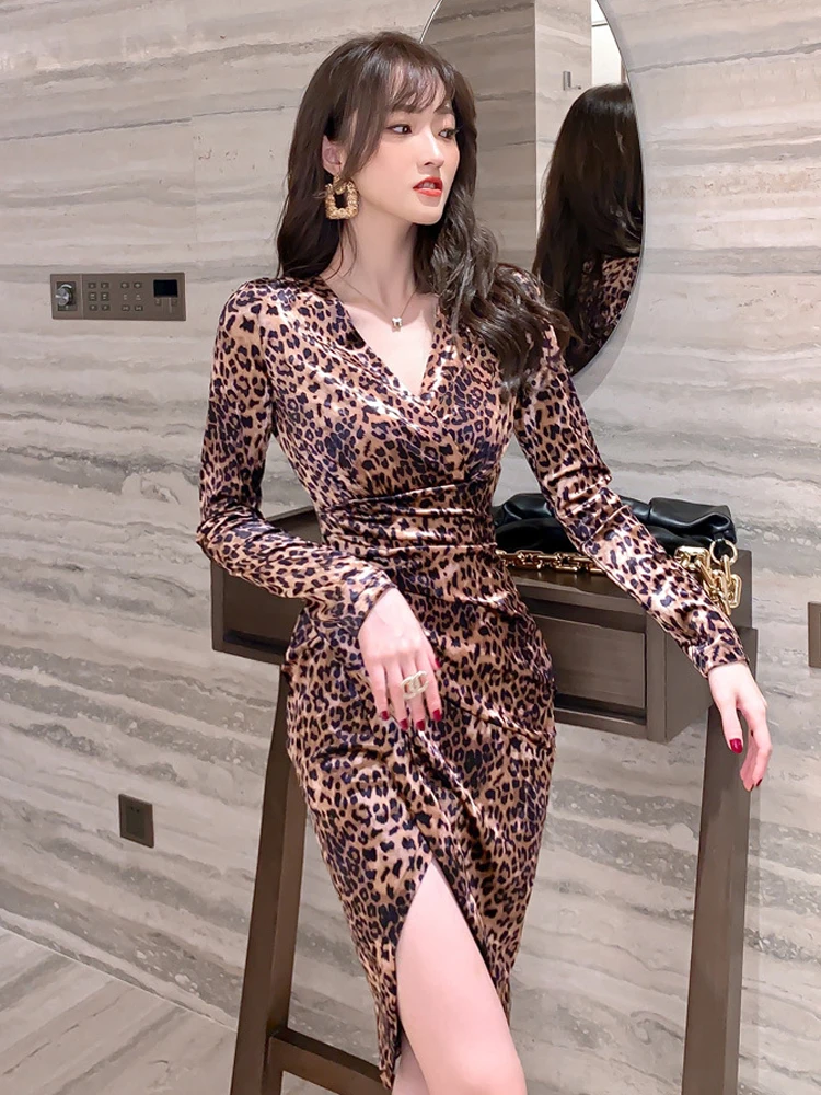 Spring Casual Retro Sexy Dress Women 2023 Velvet Print Leopard Long Sleeve Asymmetrical Folds Slit Robe Lady Club Party Vestidos