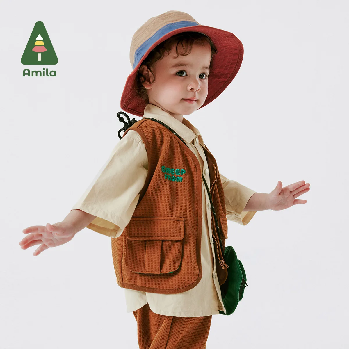 Amila 2024 Spring New Boys\' Vest Set Three-Dimensional Pocket Cargo Style Cotton Fabric Comfortable Outdoor Baby Clothing