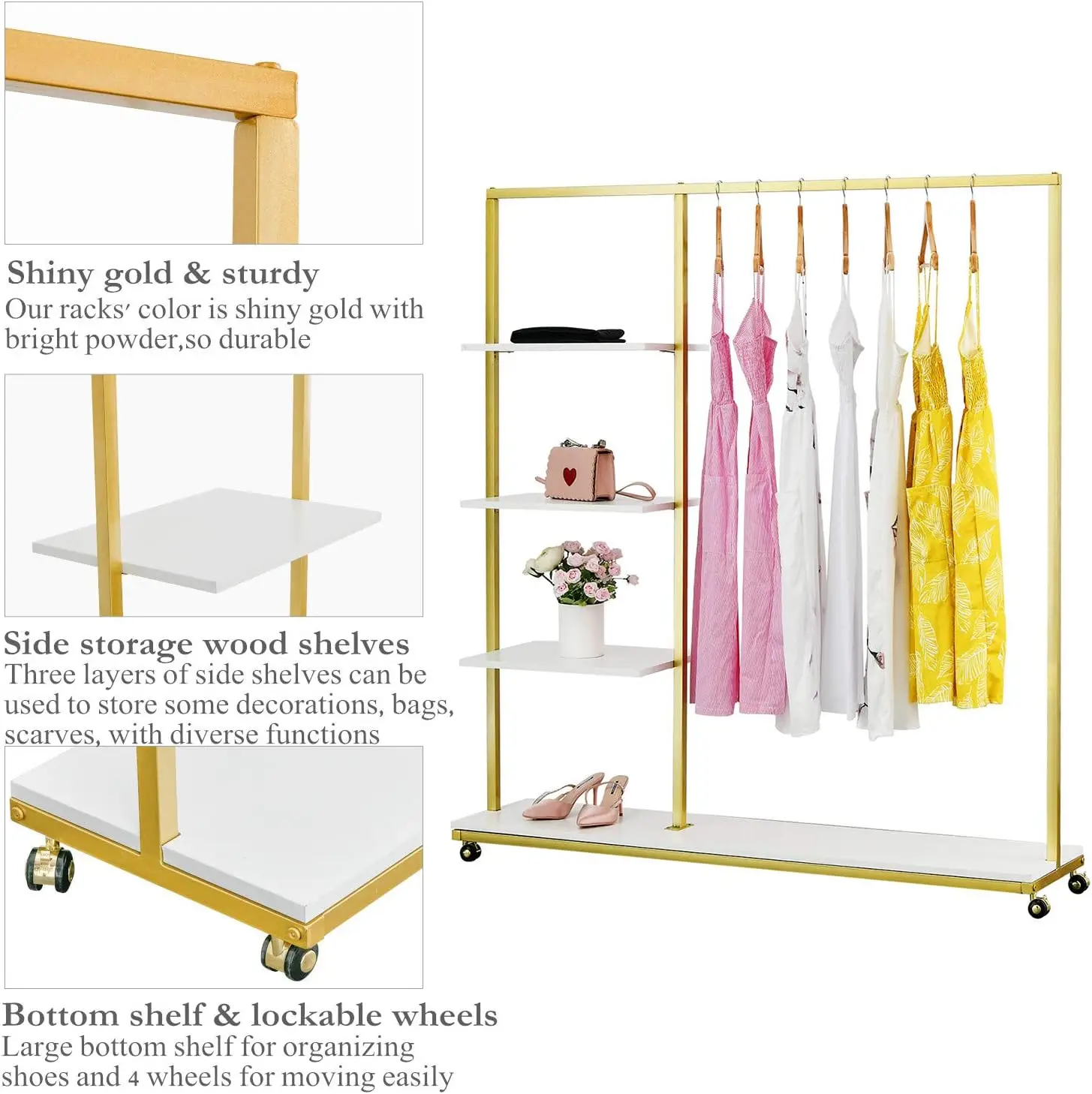 رف ملابس ذهبي حديث مكون من 4 طبقات مع عجلات لتخزين البوتيك #3