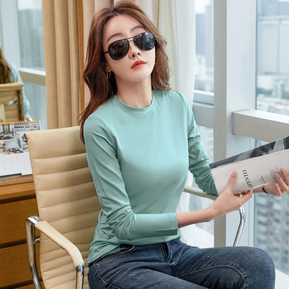 

Green long sleeved t-shirt for women in spring and autumn, new high-end cotton fashion plus plus size round neck casual top