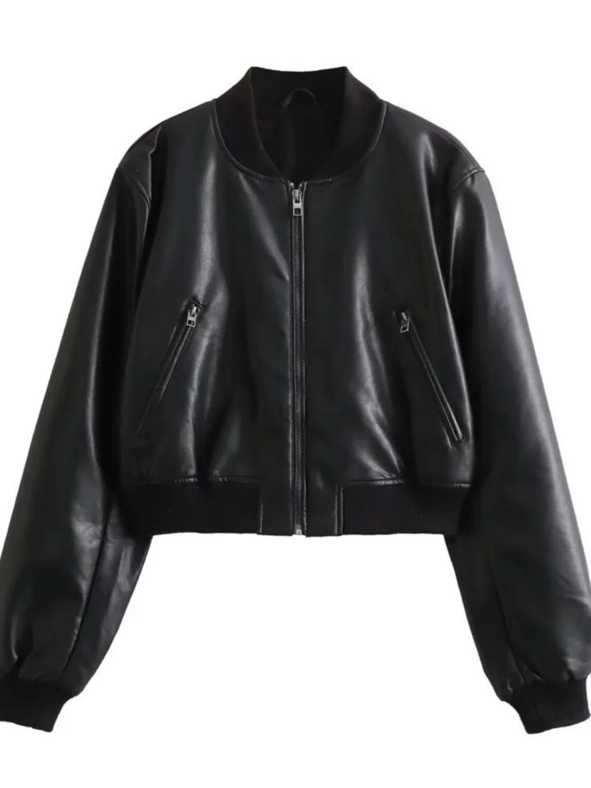 

Street Sle Loose Fit ort Leather Jaet Stand up Collar Zipper Closure Color Long Sve Women's Faion Outerwear